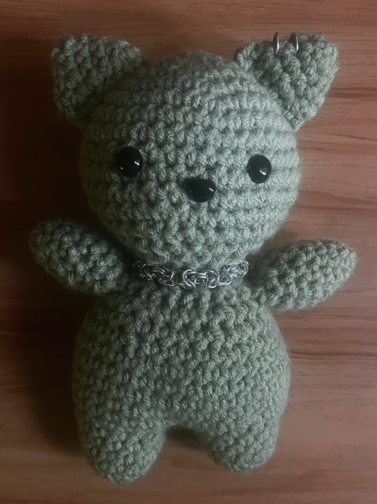 light green crochet cat with chain and piercings
