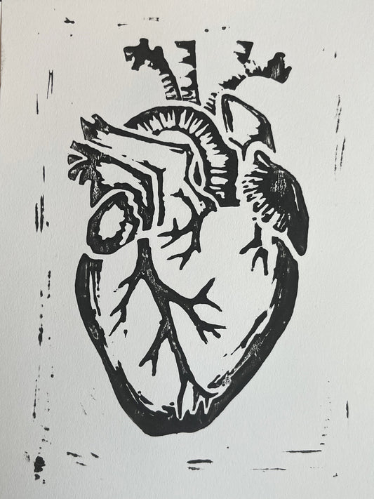 anatomical heart - handmade linocut print - 5”x7”