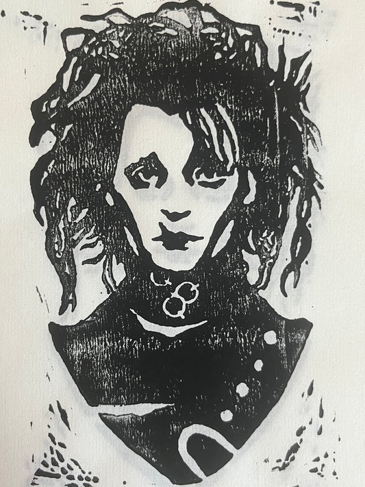 edward scissorhands - handmade linocut print - 5”x7”