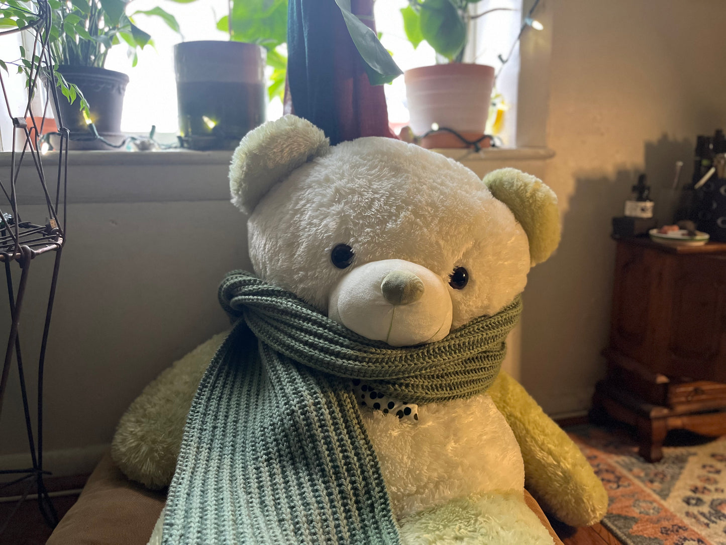 sage green handmade ribbed knit scarf